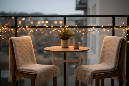 Cozy balcony scene with warm string lights and seating.の素材