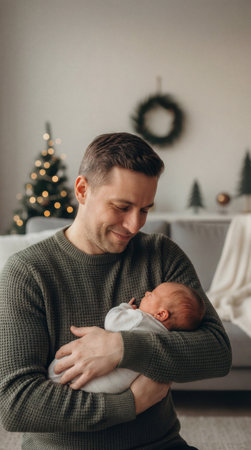 Loving father holds his sleeping infant baby at home during holidays.の素材