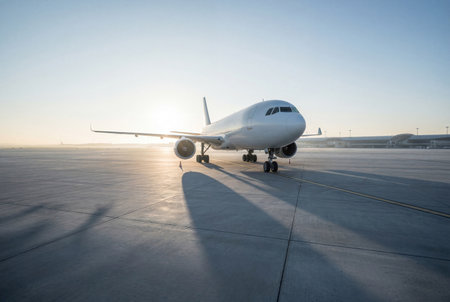 White passenger airplane on airport tarmac during golden hour.の素材
