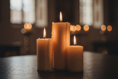 Warm glow of three lit candles on a table with bokeh background.の素材