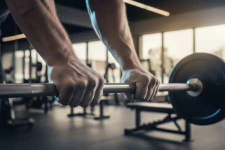 Mans hands gripping a barbell, lifting weights in a gym.の素材