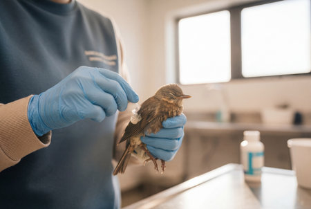 Veterinary professional providing care to a small bird.の素材