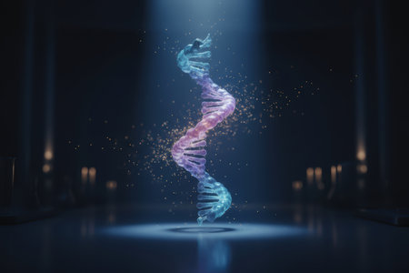 Genetic research concept with glowing DNA helix and particles.の素材