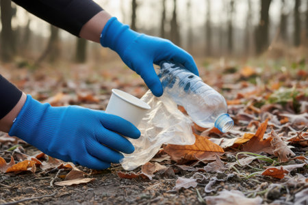 Volunteer hands in gloves picking up trash in autumn forest.の素材