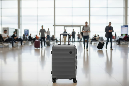 Suitcase in airport terminal with blurred travelers.の素材