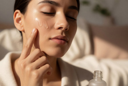 Young woman applying hydrating serum to her glowing skin.の素材