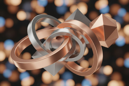 Abstract metallic geometric shapes with blurred background lights.の素材