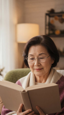 Elderly Asian woman reading a book comfortably at home.の素材