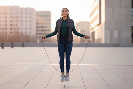 Athletic woman jumping rope outdoors in urban setting.の素材