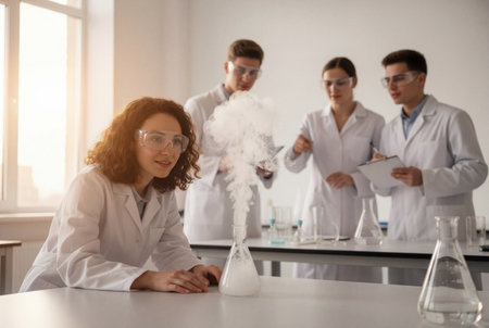 Young scientists observing a chemical reaction in a lab.の素材