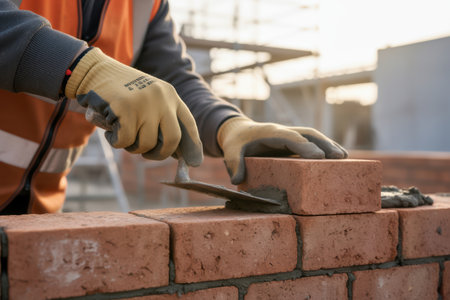 Construction worker laying bricks with mortar on a building site.の素材