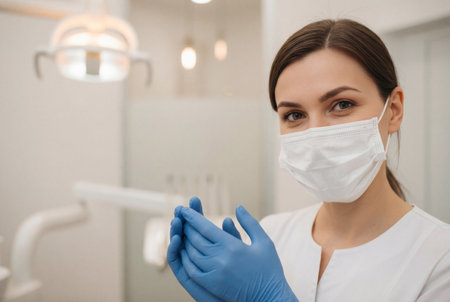 Female medical professional wearing a face mask and medical gloves.の素材