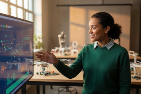 Professional woman explaining tech concepts on a screen.の素材