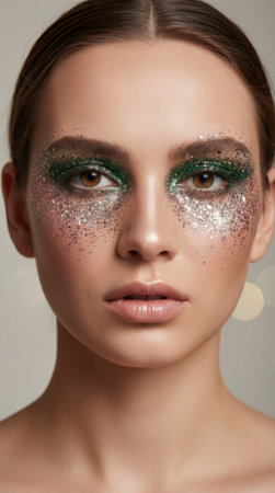 Beauty portrait of a woman with bold glitter makeup.の素材