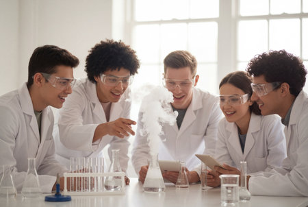 Diverse students enthusiastically observing a science experiment.の素材