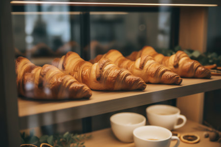 Freshly baked golden croissants displayed with coffee cups.の素材