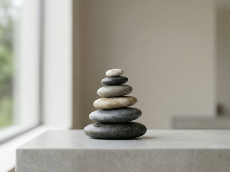 Calm and balance with stacked smooth river stones.の素材