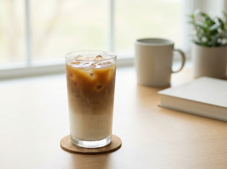 Iced coffee with milk and ice on a table with natural light.の素材
