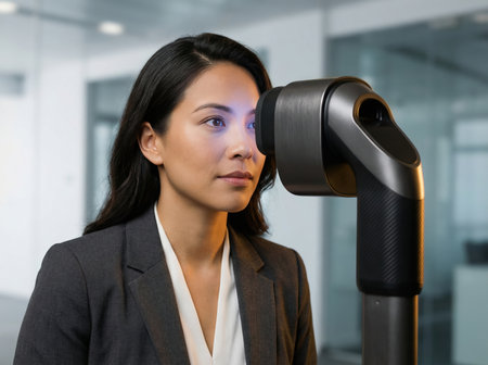 Woman undergoing biometric eye scan in an office environment.の素材