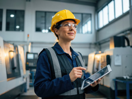 Female engineer using digital tablet in modern factory.の素材