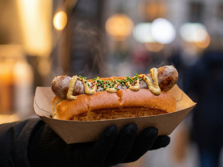 Steaming hot sausage in a bun with mustard and chives, street food.の素材