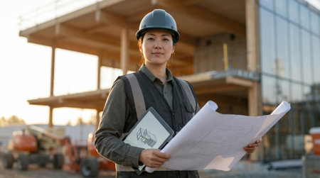 Confident female architect at construction site holding plans and tablet.の素材