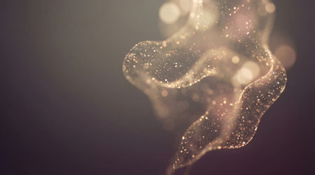 Abstract flow of shimmering golden particles with bokeh lights.の素材