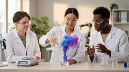 Diverse students in lab coats performing colorful chemical reaction.の素材
