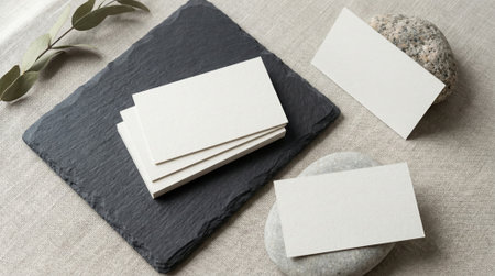 Stack of blank white cards on a slate board with natural stone.の素材