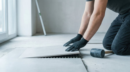 Professional tiler installing new ceramic floor tiles.の素材