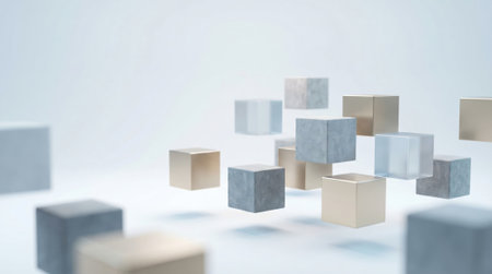 Cubes of various materials floating in a bright environment.の素材