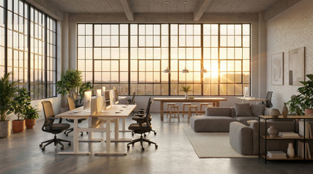 Spacious modern office interior with large windows and sunset light.の素材