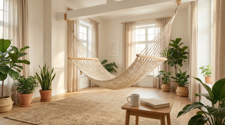 Relaxing indoor oasis with a hanging hammock and potted plants.の素材