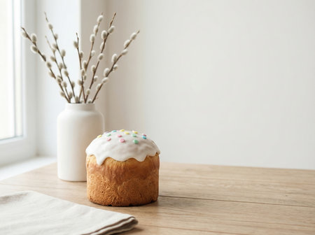 Traditional Easter cake with sprinkles and pussy willows.の素材