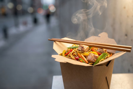 Steaming chicken noodles with vegetables in a takeout box.の素材