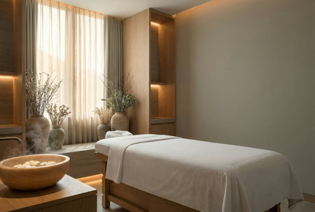 Tranquil massage room with natural light and decor.の素材