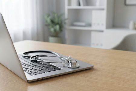 Stethoscope on laptop keyboard, healthcare technology concept.の素材