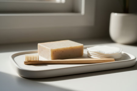 Eco-friendly personal care products on a white tray with natural light.の素材