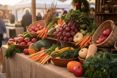 Fresh produce on display at a vibrant farmers market.の素材