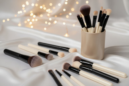 Professional makeup brushes on white satin with bokeh lights.の素材