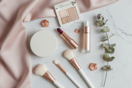 Beauty products flat lay: makeup palette, lipstick, brushes, and serum on marble with pink fabric, eucalyptus.の素材
