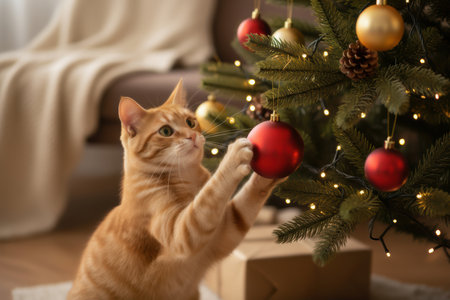 Cute ginger cat playing with a red Christmas ornament on a festive tree.の素材