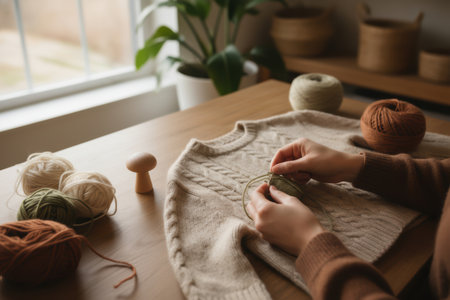 Hands knitting a cozy beige sweater with green yarn.の素材