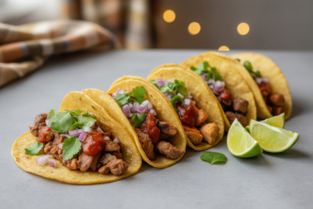 Delicious tacos with various fillings, cilantro, red onion, and lime wedges.の素材