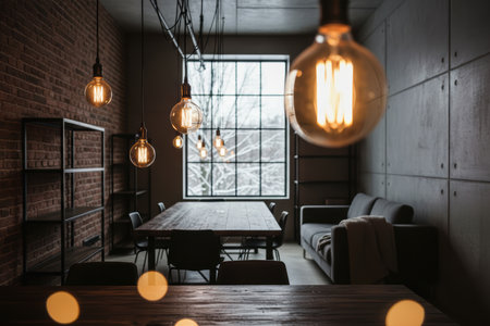 Industrial style interior with warm Edison bulbs and brick wall.の素材