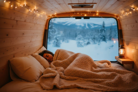 Woman sleeping in a cozy camper van overlooking a snowy mountain landscape.の素材