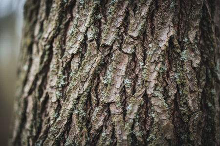 Rough tree bark with green lichen.の素材