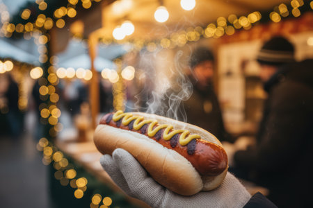 Steaming hot dog with mustard held by a gloved hand at a winter market.の素材