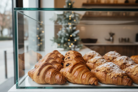 Freshly baked croissants in a glass display case.の素材