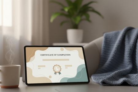 Tablet displaying a certificate of completion next to a steaming mug..の素材